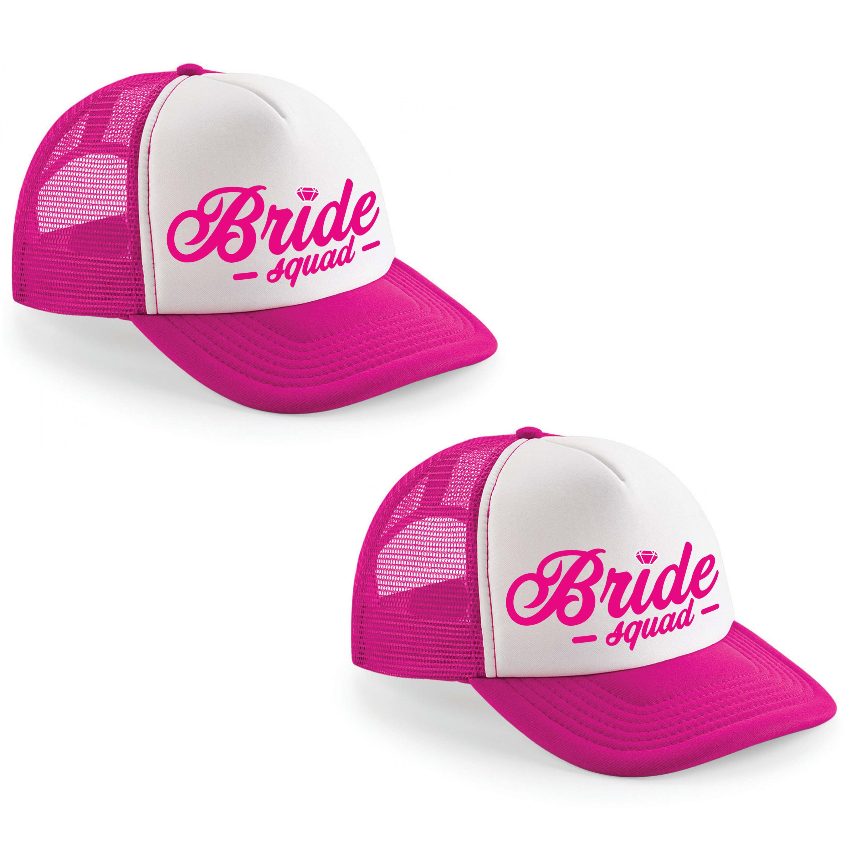 8x stuks roze fuchsia/ wit Bride Squad script snapback cap/ truckers pet dames - Vrijgezellenfeest p