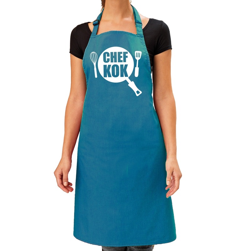 Chef kok barbeque schort - keukenschort turquoise blauw dames