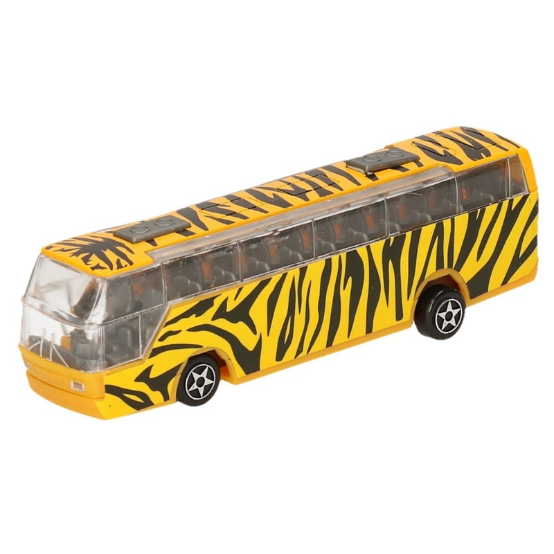 Een bus speelgoedauto geel met een zebra print 14 cm