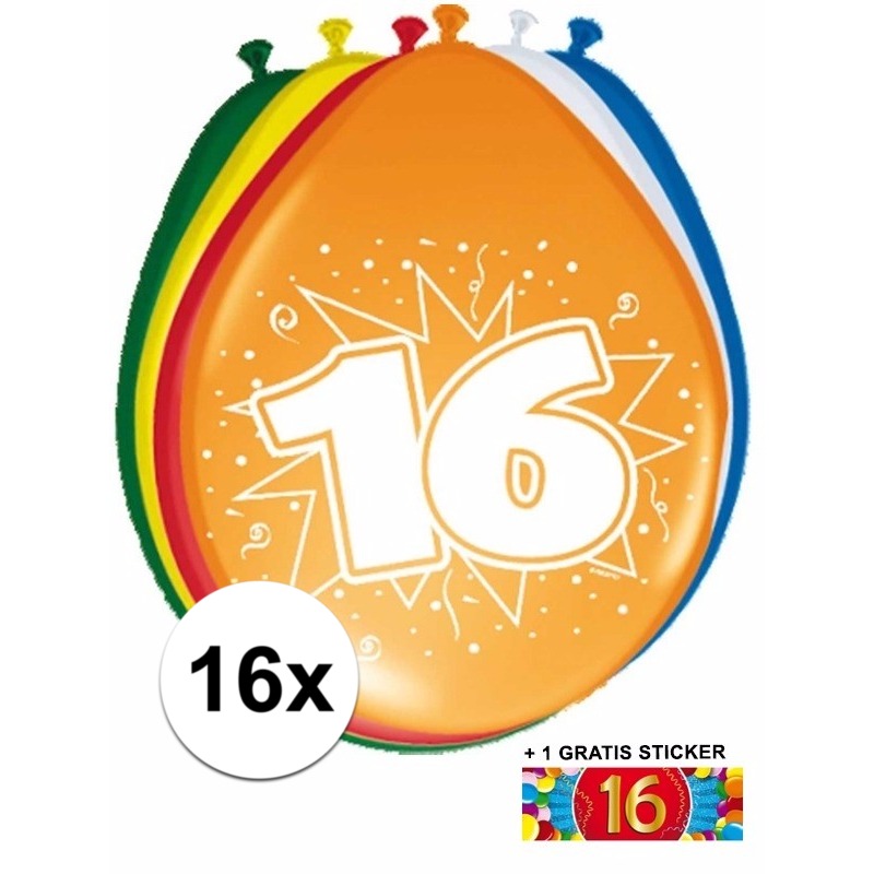 Feestartikelen 16 jaar ballonnen 16x + sticker