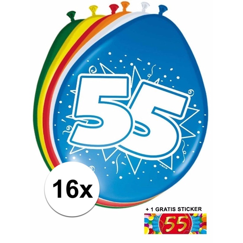 Feestartikelen 55 jaar ballonnen 16x + sticker