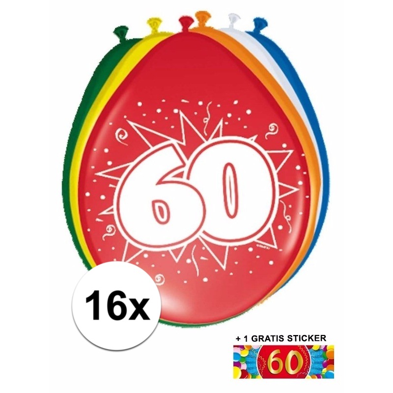 Feestartikelen 60 jaar ballonnen 16x + sticker
