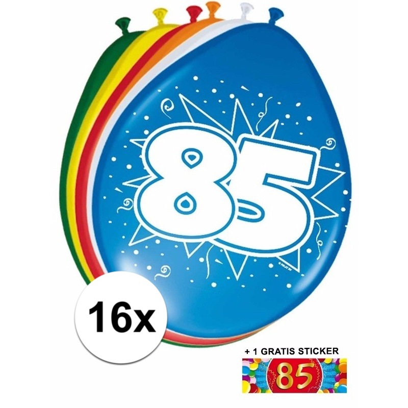 Feestartikelen 85 jaar ballonnen 16x + sticker
