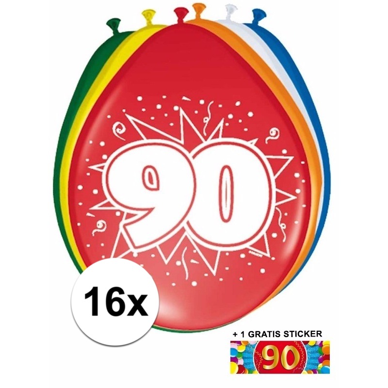 Feestartikelen 90 jaar ballonnen 16x + sticker