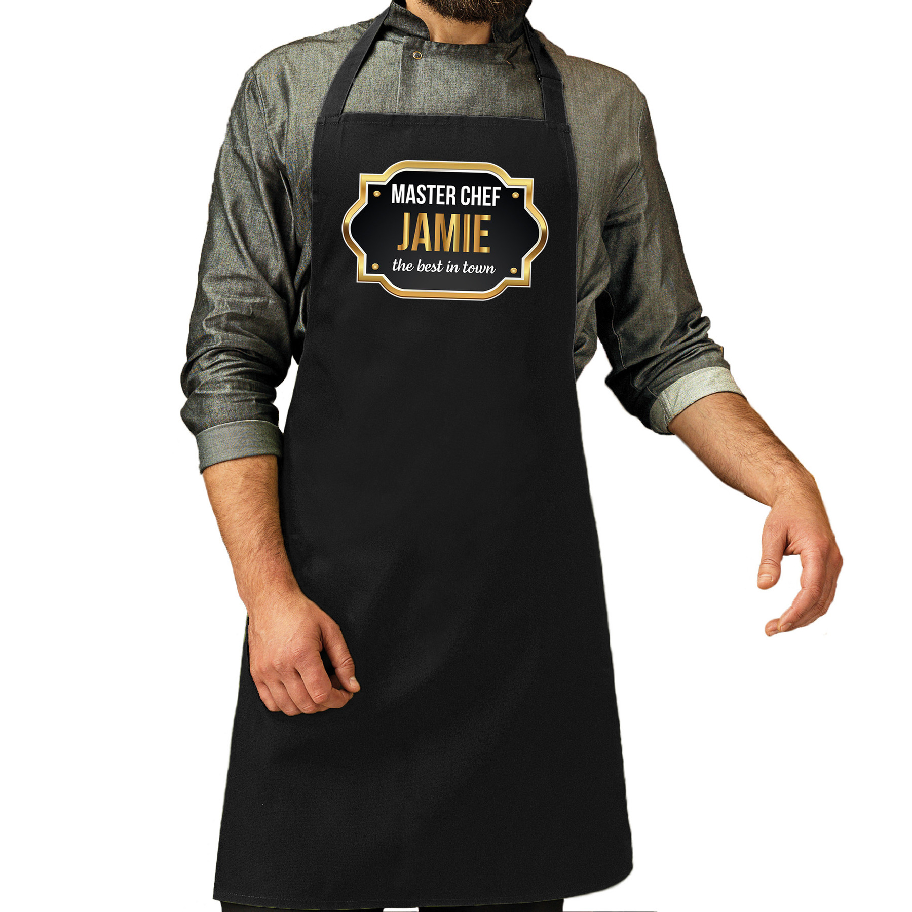 Naam cadeau master chef schort Jamie zwart - keukenschort cadeau