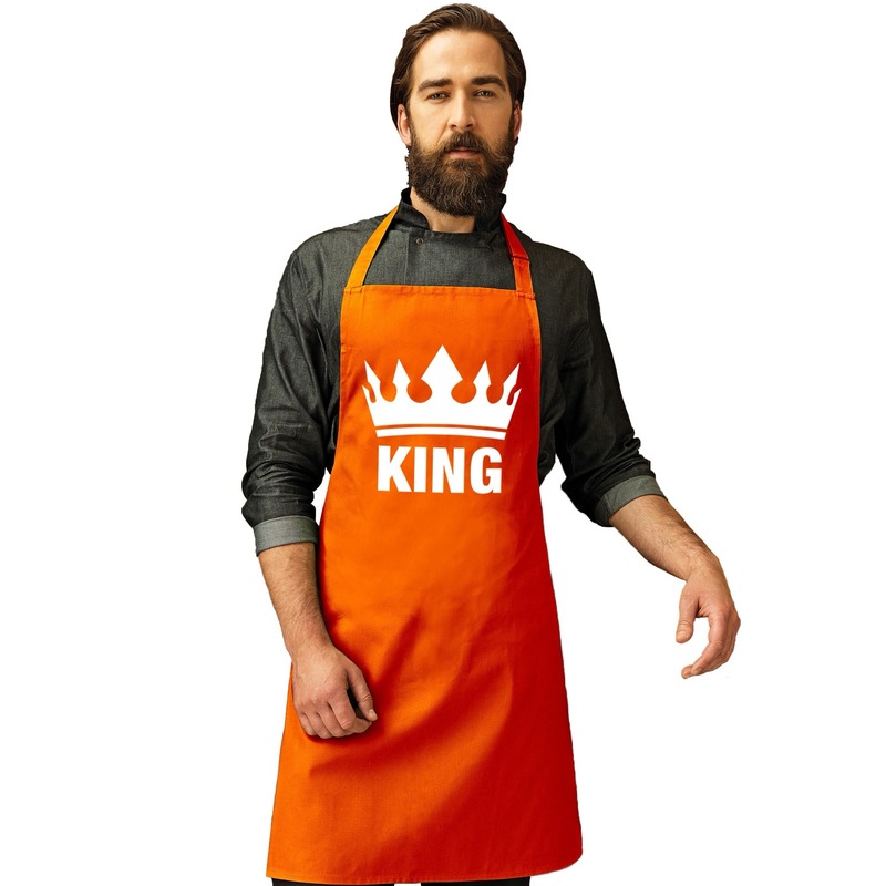 Oranje King bbq schort/ keukenschort met kroon heren
