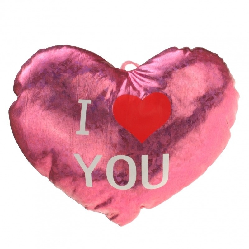 Pluche glimmend roze hart kussen I Love You 14 cm