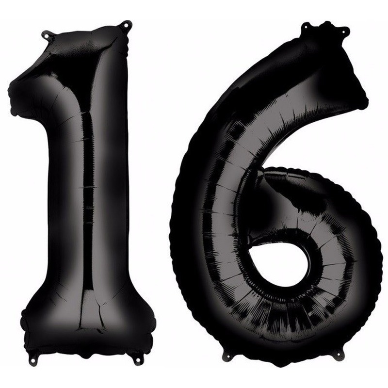 Sweet 16 zwarte folie ballonnen 88 cm leeftijd/cijfer 16 jaar