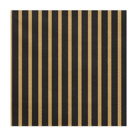 20x Black and gold striped new years eve napkins 33 cm