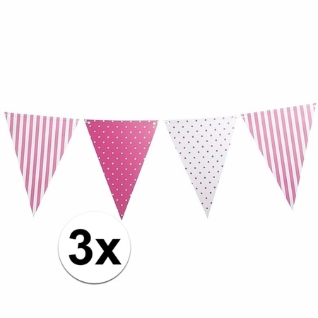 3x Light pink flags line with dots and stripes 3.6 m