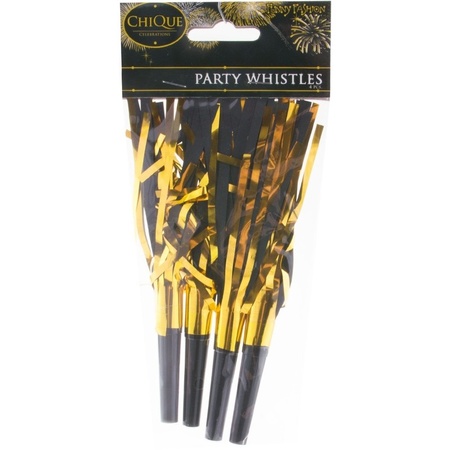 4x Party whistles with tassles black/gold