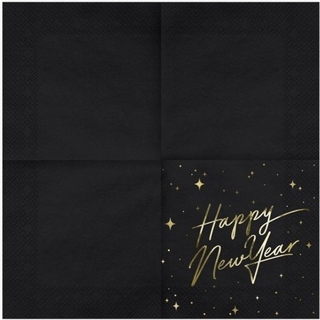 60x Nieuwjaar Happy New Year servetten zwart/goud 33 x 33 cm
