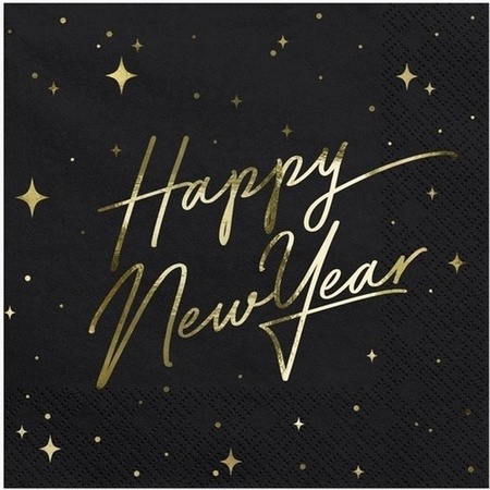 60x Nieuwjaar Happy New Year servetten zwart/goud 33 x 33 cm
