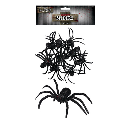 9x stuks horror griezel spinnen zwart 8 cm 