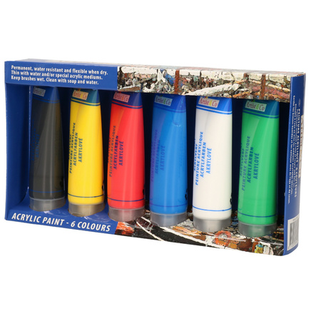 Acrylverf in 6 kleuren tube 75 ml hobby/knutsel