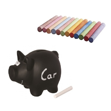 Chalkboard piggy bank 16 cm with 12 coloured crayons