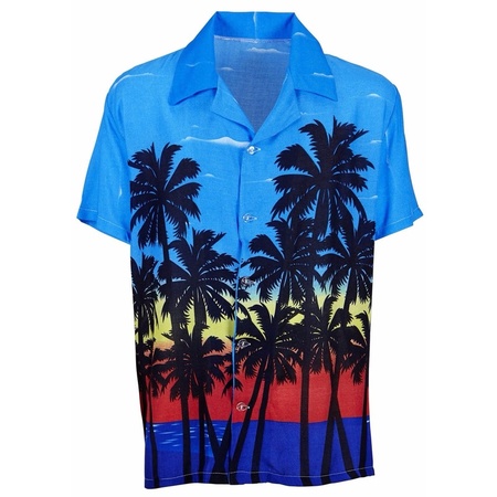 Toppers in concert - Blauwe Hawaii verkleed blouse met palmboomprint voor heren