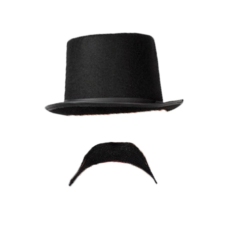 Carnaval verkleed set Aristoctaat/Gentleman - hoge hoed met plaksnor - Heren