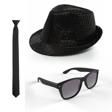 Carnaval verkleed set glitter hoed/stropdas/party bril zwart