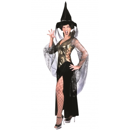 Halloween verkleedkleding heks zwart/goud