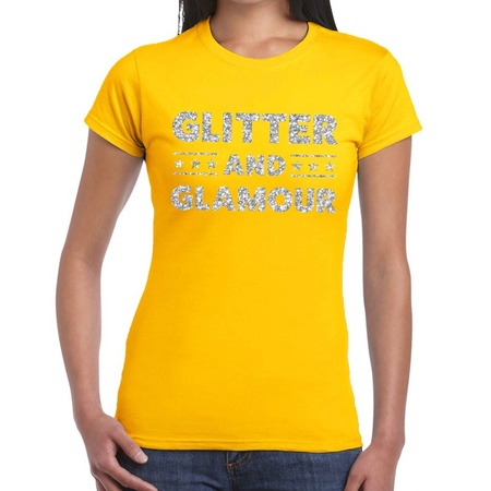 Glitter and Glamour zilver glitter tekst t-shirt geel dames