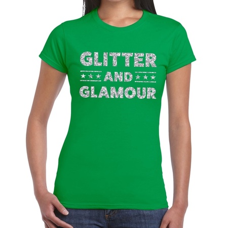Glitter and Glamour zilver glitter tekst t-shirt groen dames