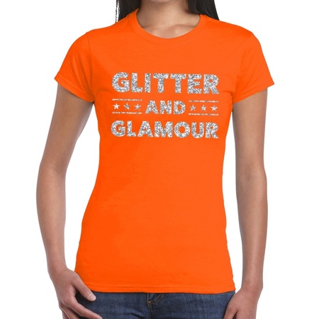 Glitter and Glamour zilver glitter tekst t-shirt oranje dames