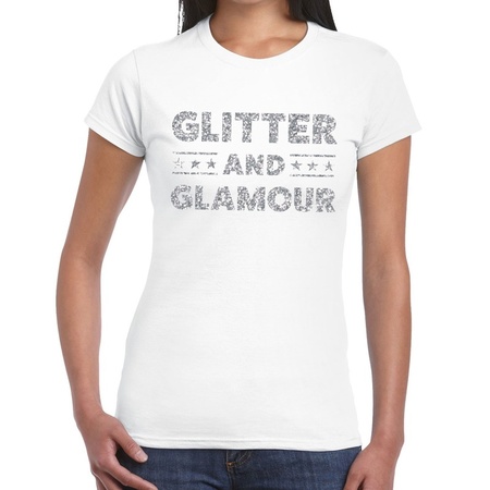 Glitter and Glamour zilver glitter tekst t-shirt wit dames