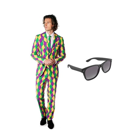 Feest geruite harlekijn print tuxedo/business suit 48 (M) voor heren met gratis zonnebril