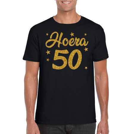 Hoera 50 jaar verjaardag cadeau t-shirt goud glitter op zwart heren