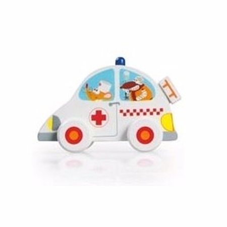 Houten speelgoed witte ziekenauto