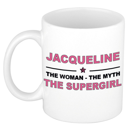 Jacqueline The woman, The myth the supergirl pensioen cadeau mok/beker 300 ml
