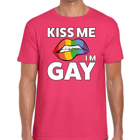Kiss me i am gay t-shirt roze voor heren