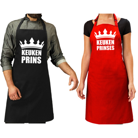 Couple gift set: 1x Kitchen prince kitchen apron black men + 1x Kitchen princess red women