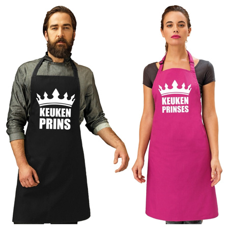Koppel cadeau set: 1x Keuken prins keukenschort zwart heren + 1x Keuken prinses roze dames