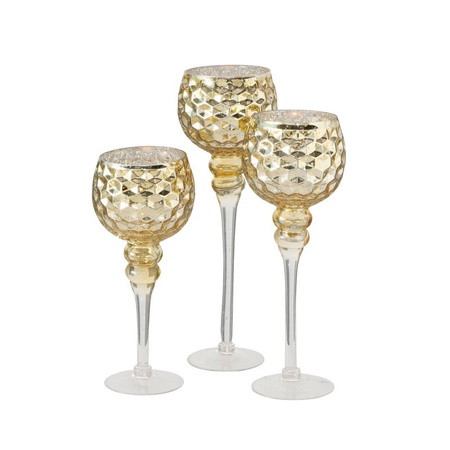 Luxe glazen design kaarsenhouders/windlichten set van 3x stuks champagne/goud transparant 30-40 cm