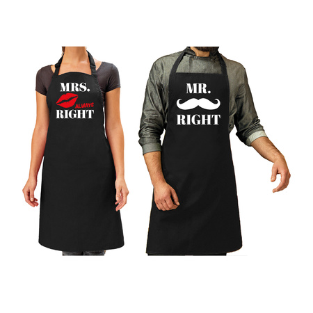 Mr Right and Mrs Always Right kiss/moustache set kitchen aprons black for adults