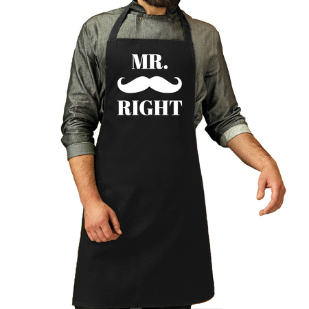 Mr Right and Mrs Always Right kiss/moustache set kitchen aprons black for adults
