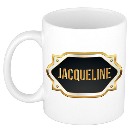 Naam cadeau mok / beker Jacqueline met gouden embleem 300 ml