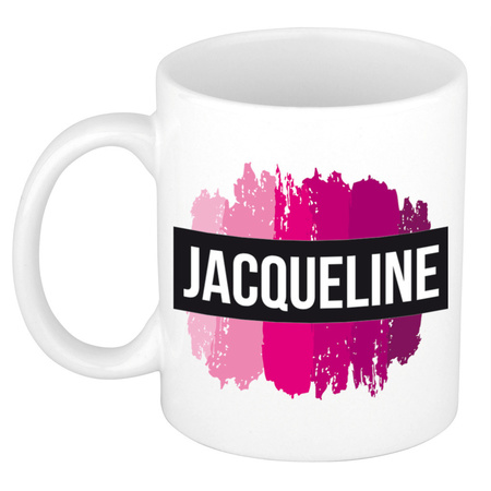 Naam cadeau mok / beker Jacqueline  met roze verfstrepen 300 ml