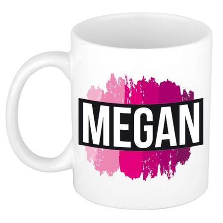 Naam cadeau mok / beker Megan  met roze verfstrepen 300 ml