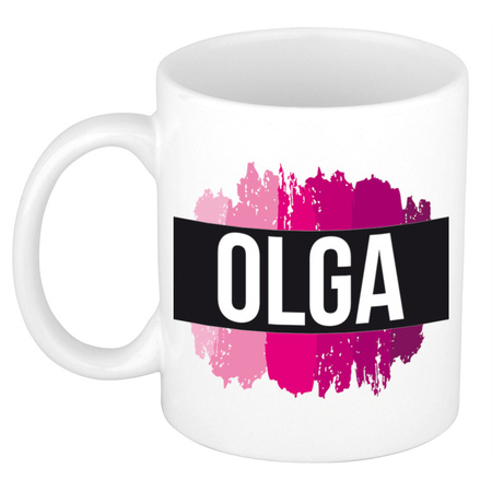 Name mug Olga  with pink paint marks  300 ml