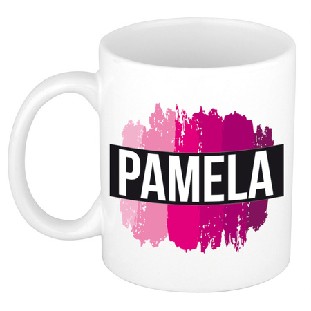 Naam cadeau mok / beker Pamela  met roze verfstrepen 300 ml