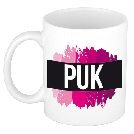 Name mug Puk  with pink paint marks  300 ml