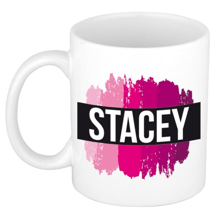 Name mug Stacey  with pink paint marks  300 ml