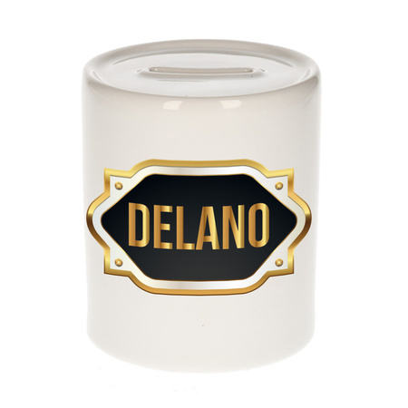 Naam cadeau spaarpot Delano met gouden embleem