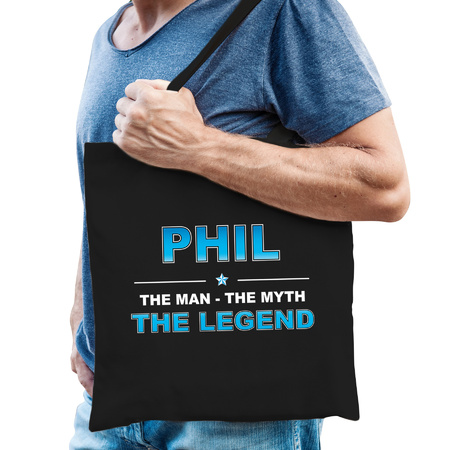 Naam cadeau tas Phil - the legend zwart voor heren