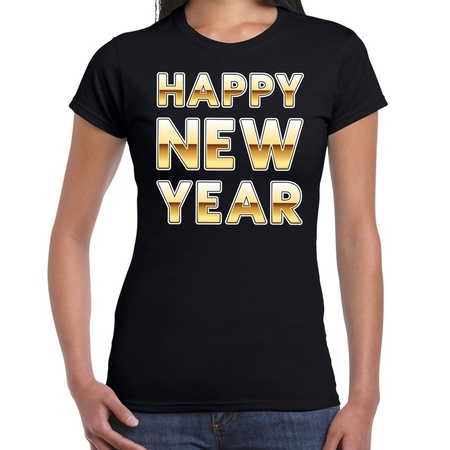 Nieuwjaar Happy New Year tekst t-shirt zwart voor dames
