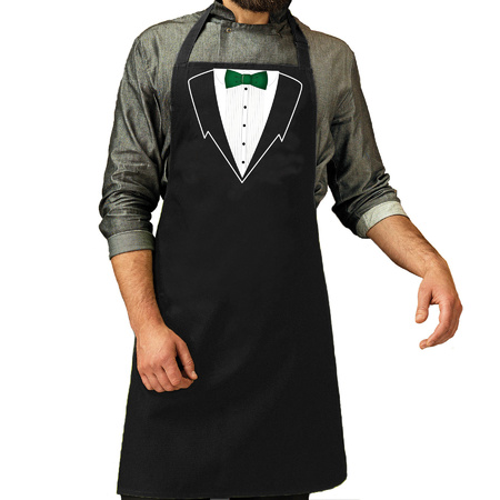 Waiter fun gift apron with green tie - black for men