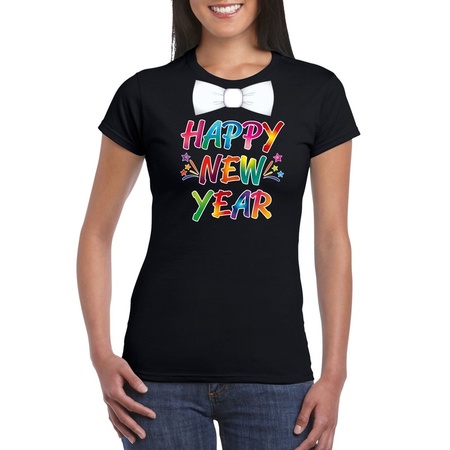 Oud en nieuw t-shirt Happy New Year met vlinderdas zwart dames
